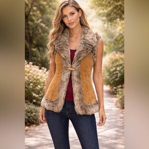 LAL Live a Little 100% Leather Faux Fur Trim Vest Vintage Western Boho M